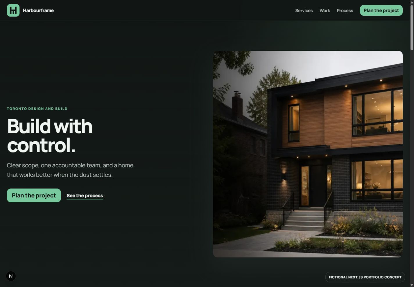 Harbourframe fictional contractor landing-page concept, shown as technical portfolio evidence